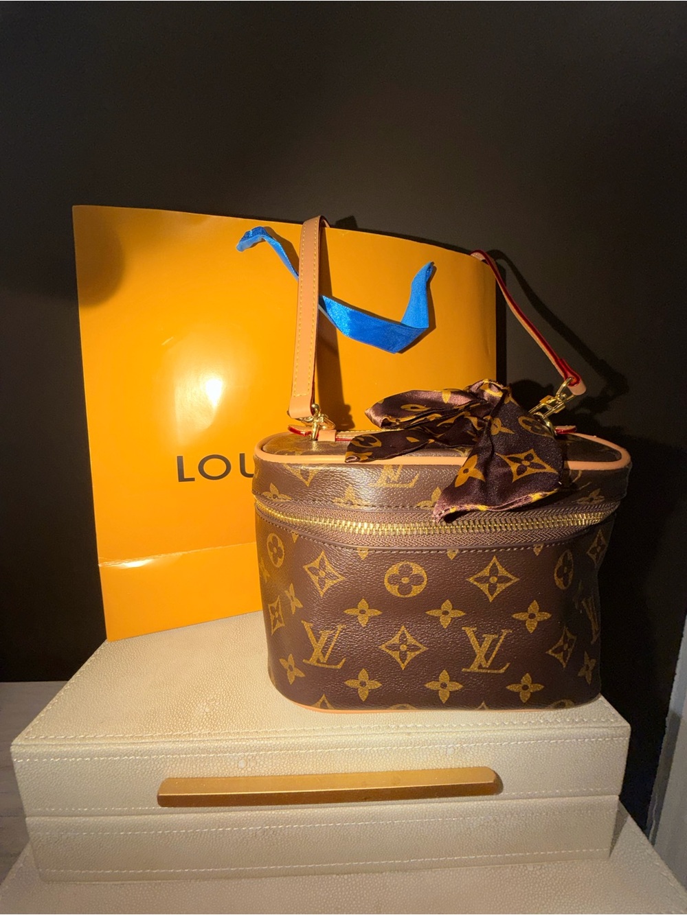 Louis V Brown Monogram Mini Vanity Case with Silk Scarf Accent